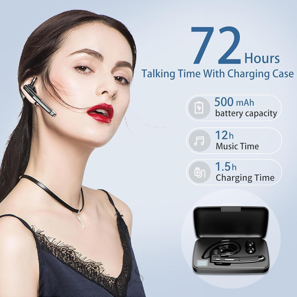 Bluetooth Headset, Wireless Bluetooth Earpiece with mic Trucker Headset for Phone Case Office Phones Built-in Microphone Headphones Manos Libres Noise Cancelling(Black+Silver)