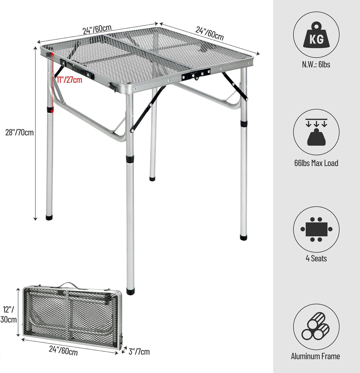 REDCAMP 24" Square Folding Grill Table for Outside, Lightweight Portable Metal Aluminum Outdoor Grill Table with Adjustable Height Legs, Great for Camping Picnic Cooking BBQ, Silver 2ft