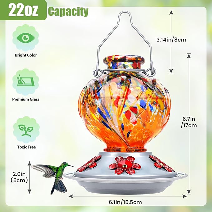 BOLITE Hummingbird Feeder, Hand Blown Glass Hummingbird Feeders for Outdoors Hanging, with Ant Moat and 5 Feeding Ports, 22 Ounces, Peony Flower Shape, Orange, Gifts for Women Men, Gifts for Mom Dad