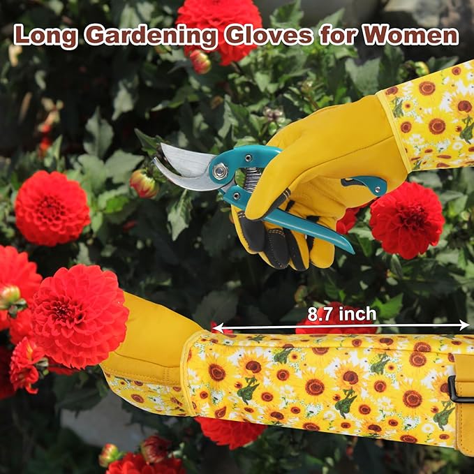 DLY Gardening Gloves for Women, Rose Gloves Gardening Thorn Proof, Long Garden Gloves for Women, Breathable Cowhide Leather Gauntlet (X-Large, Yellow