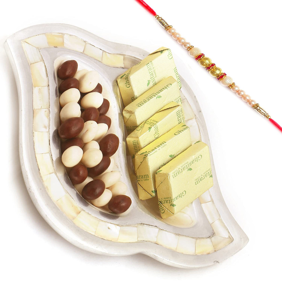 Ghasitaram Gifts Rakhi Gifts for Brothers Rakhi Chocolate Silver 2 Part Chocolate and Nutties Tray with Pearl Rakhi