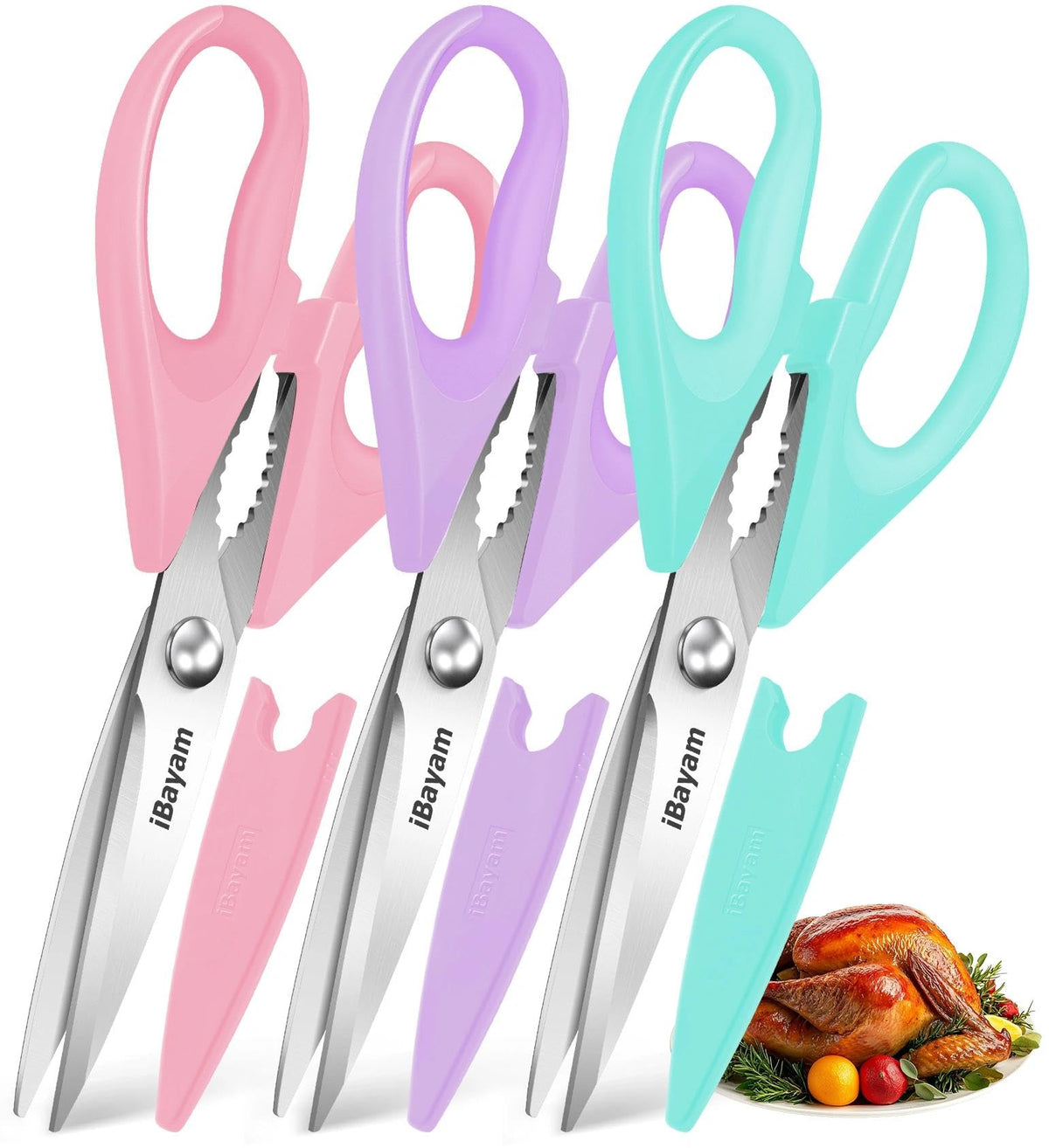 iBayam 8.7" Cute Kitchen Scissors All Purpose, Pastel Pink Purple Teal