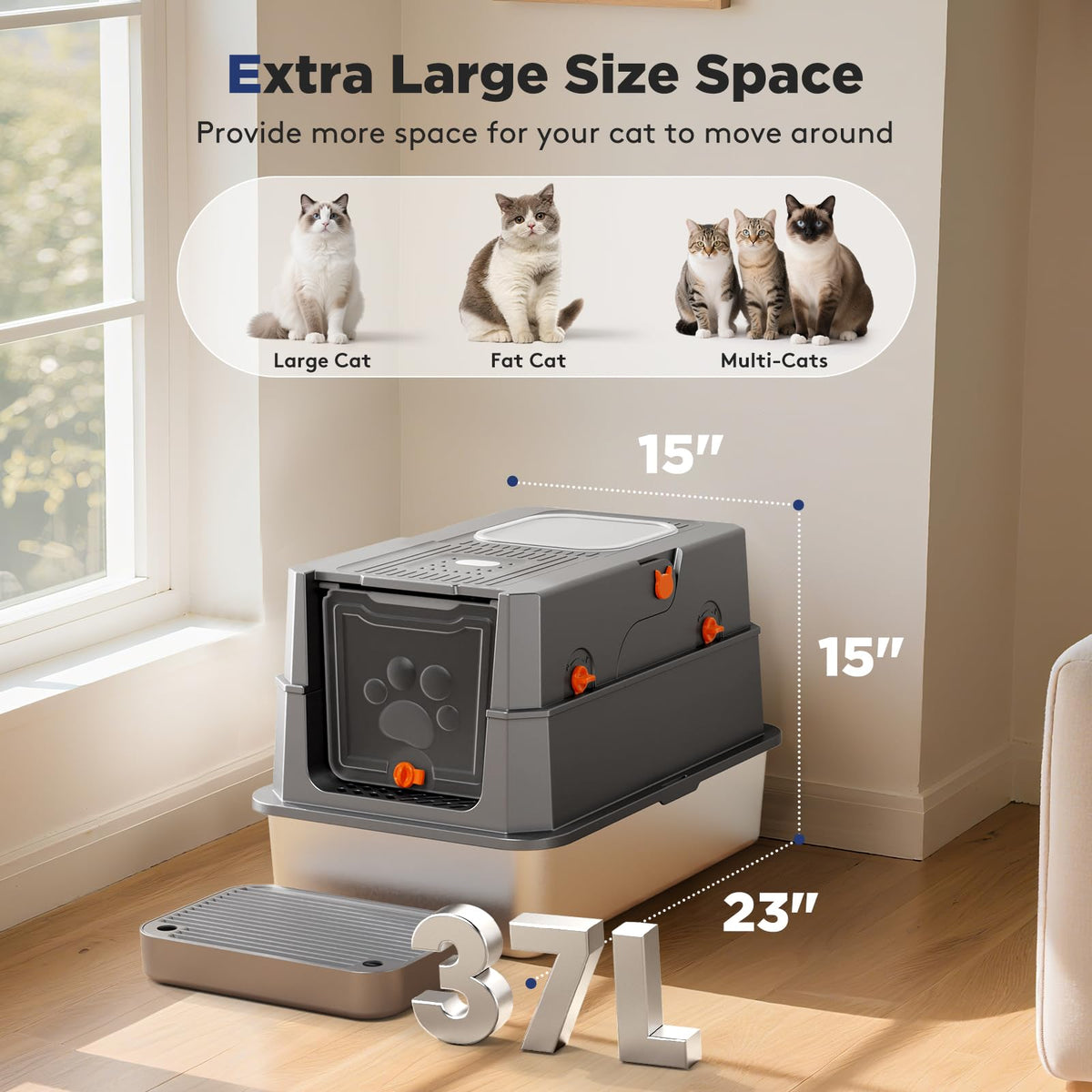 FURTIME Stainless Steel Litter Box with Lid, Enclosed Metal Cat Litter Box
