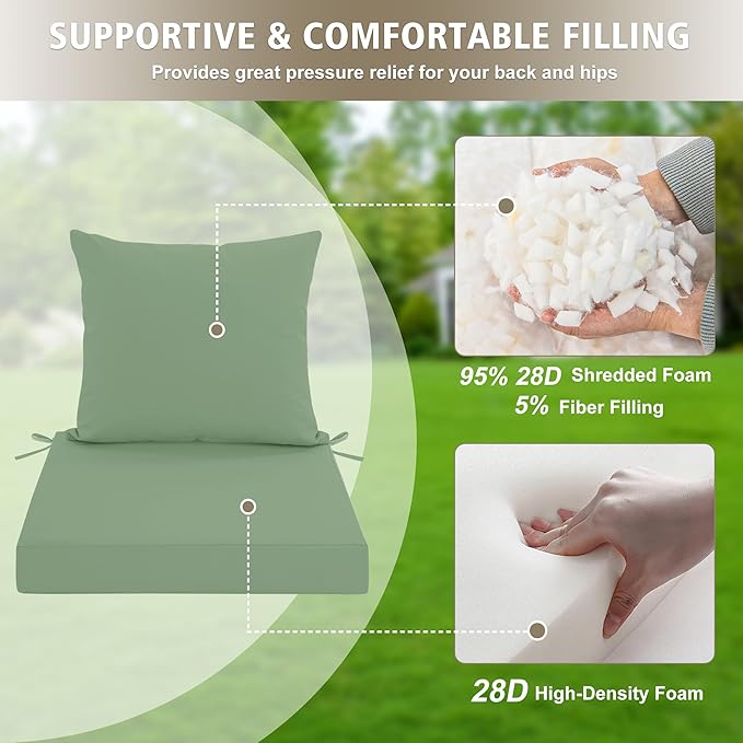 Outdoor Chair Cushions, Waterproof Outdoor Cushions for Patio Furniture w/Fade-Resistant, Removable & Machine-Washable Covers, 19x19 Inch, Ideal for Seat in Gardens/Porch – Set of 1/2/4, Sage Green