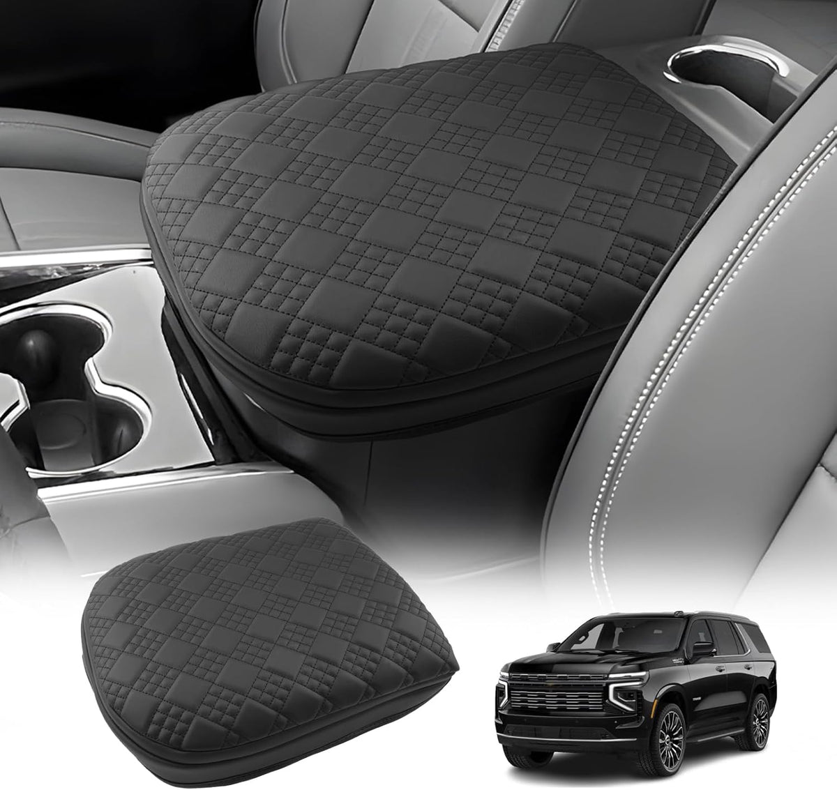 LUWU 2025 Suburban Tahoe Center Console Cover Compatible with 2025 Chevrolet Suburban Tahoe Accessories 2025 Chevy Suburban Tahoe Armrest Cover Armrest Console Cover (Thick Black)