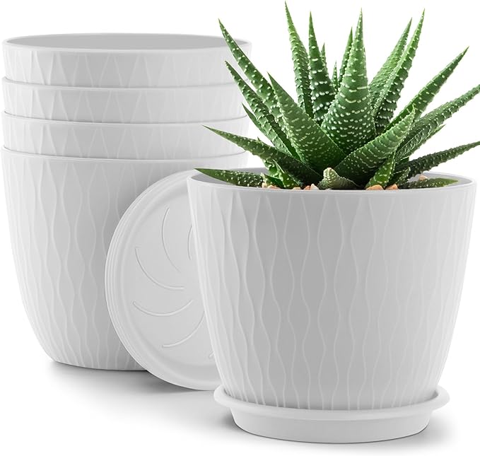 Plant Pots – 6 Inch Planters with Drainage Holes and Saucers, Flower Pots for Indoor and Outdoor Plants, Nursery Planting Pots (Pack of 5, White)