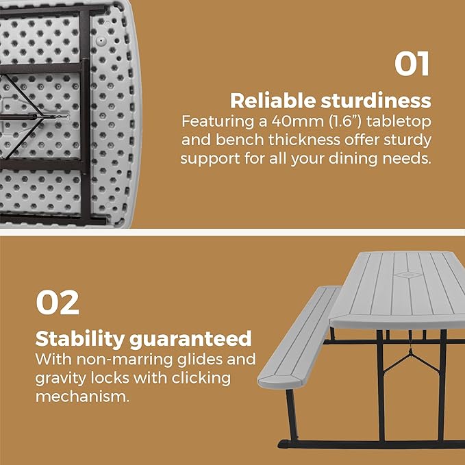 OEF Furnishings Heavy Duty Blow Molded Folding Picnic Table- Light Speckled Grey, Black Frame