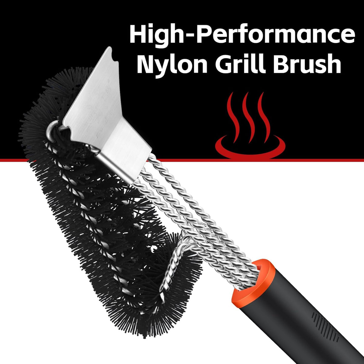 Grill Brush and Scraper, Safe Nylon Bristles Barbecue Triple Scrubbers Cleaning Brush for Cast Iron Grates/Porcelain/Weber Gas/Charcoal Grill，Extra Strong BBQ Cleaner Accessories (Black)
