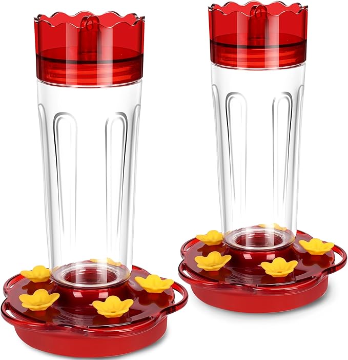 Glass Hummingbird Feeders for Outdoors Hanging Ant and Bee Proof, 2 Pack 15 Ounces Red Hummingbird Feeder with 5 Feeding Ports and Perches, Built-in Ant Moat, Outside Garden Décor (Glass, 2)