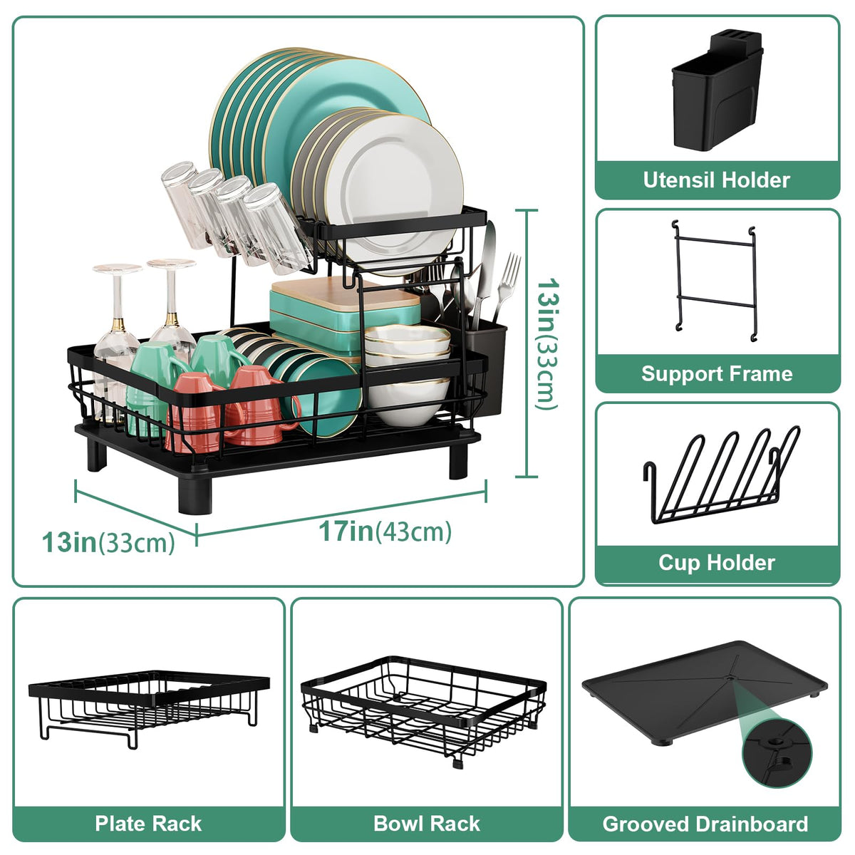 MOUKABAL 2 Tier Dish Drying Rack with Drainboard for Kitchen Counter, Black