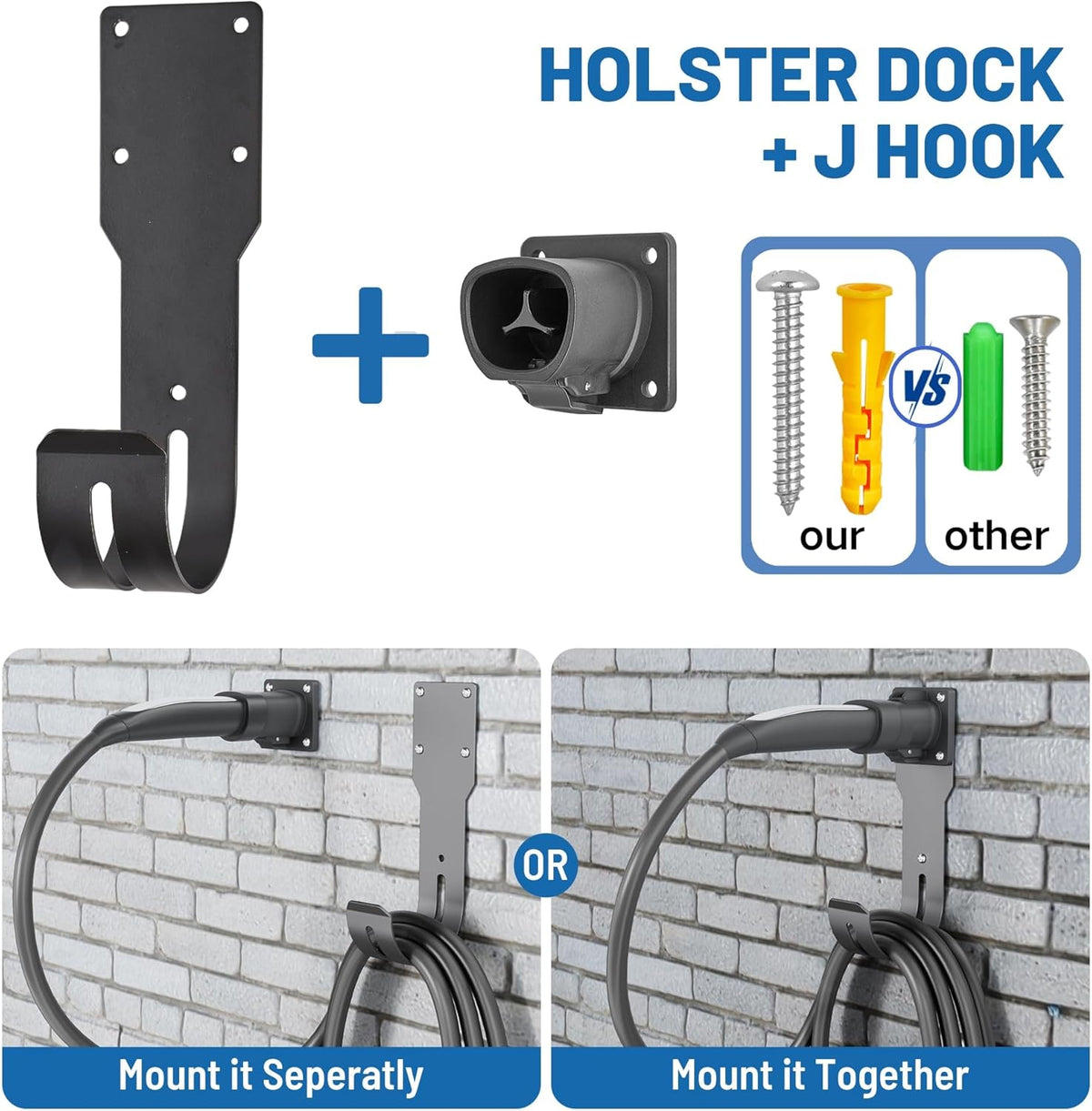 MECMO for Tesla Charger Holder - Wall Mount Dock & J-Hook for Model 3/Y/X/S, Heavy Duty Steel EV Charging Cord Hanger Compatible with NACS Connector