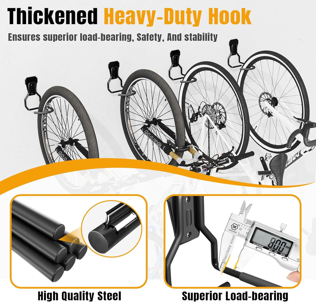 Wall Mount Bike Hooks Bike Hooks for Garage Vertical Bike Hanger for Indoor Use Heavy Duty with 8mm Thick Steel Frame 6PCS Storage System Black