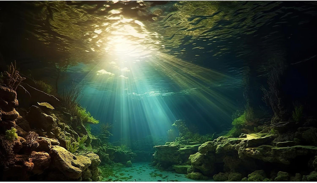 Fish Tank Background Under The Sea Aquarium Background Ocean Floor Sunray Rock Terrarium Backgrounds Coral Reef Aquatic Plants Underwater Cave Aquarium Wallpaper for Fish Tank Decorations 30x18in