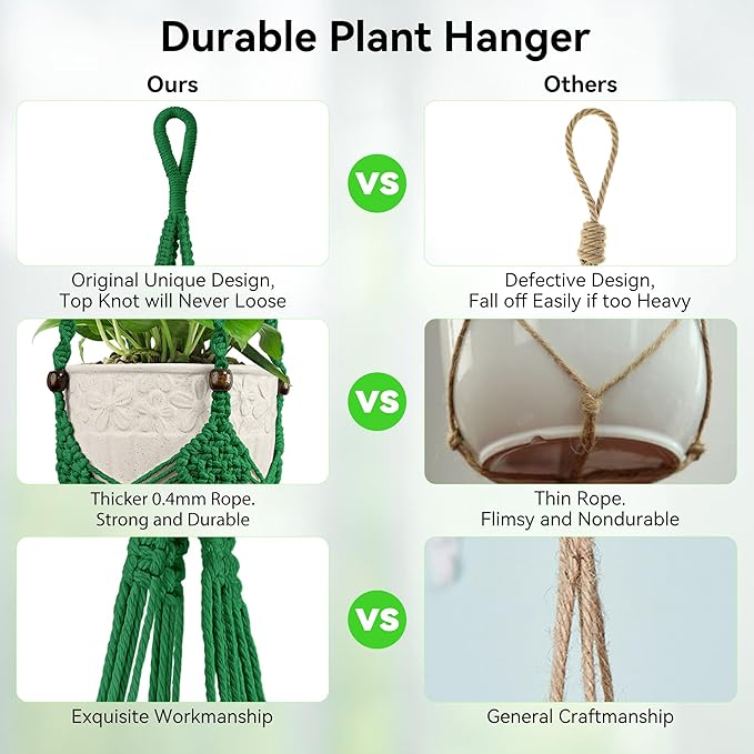USLAI Macrame Handmade Basket Plant Hanger (2-Pack), for 3-8 Inch Pots, Indoor Outdoor Strong Hanging Planter Flower Pot Holder with Beads and Tassels, Boho Home Decor (POTS NOT Included) (Green)