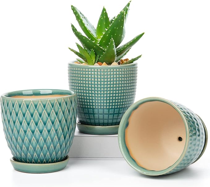 Oairse 4 inches Ceramic Planters Pots for Indoor Plants 3 Set of Small Round Flower Pots with Drainage Hole and Ceramic Tray Modern Planters Set for Succulents Cactus Garden Home Windowsill Table
