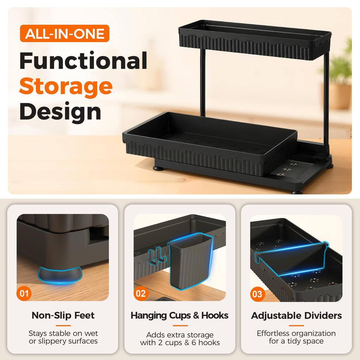 Sevenblue 3-Pack 2-Tier L-Shaped Under Sink Organizers with Sliding Drawers