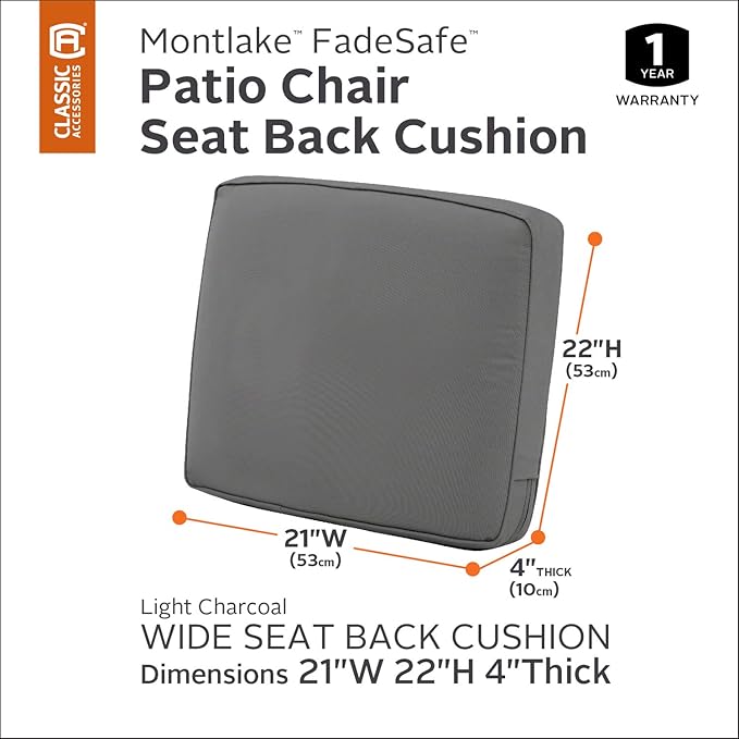 Classic Accessories Montlake Patio Furniture Cushion, 21"W x 22"H x 4"Thick, Light Charcoal