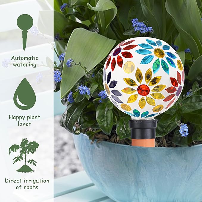 Terracotta Watering Spikes Mosaic Watering Globes for Outdoor Plants 2 Pack Automatic Plant Waterer Watering Devices Water Bulbs