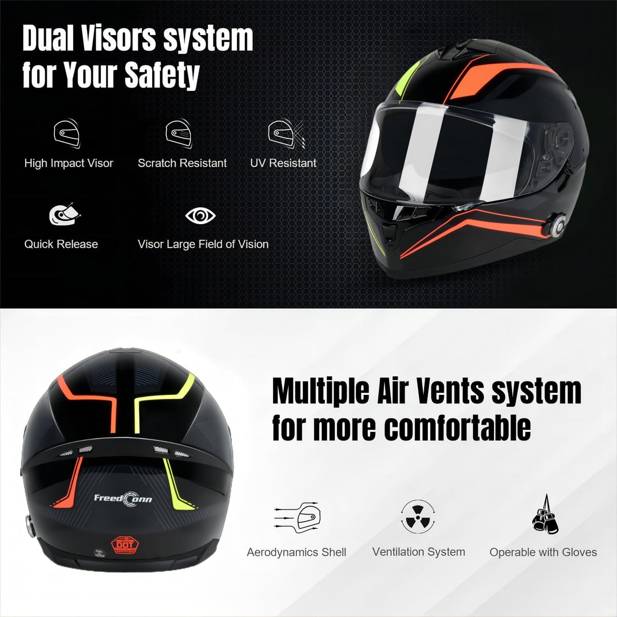 Bluetooth Motorcycle Helmet FreedConn BM12 DOT Full Face Bluetooth Helmets Motorcycle Dual Visor Helmet with Integrated Intercom System/ 2~3 Riders Pair/ 500M/ FM/ MP3/ Voice Dial (Multi-Color, XXL)