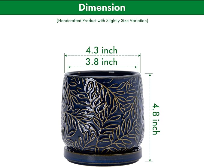 D'vine Dev 4 Inch Embossed Leaves Stoneware Planter Pot with Drainage Hole and Saucer, Midnight Blue, 27-A-Z-3