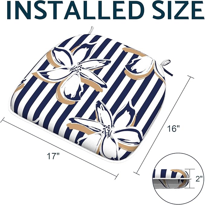 Indoor/Outdoor Chair Cushions 16x17 Inch, Patio Chair Cushions with Ties, All Weather Seat Cushions for Patio Furniture Home Garden Chair Use, Set of 4, Clemens Cabana Navy