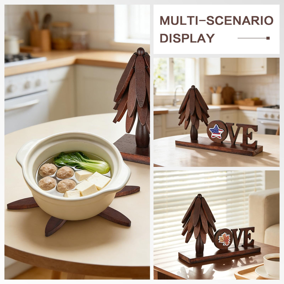 Super Holiday 4 Pcs Trivets for Hot Dishes, Wooden Tree Trivet Stand Set