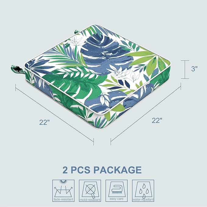 LVTXIII Patio Chair Cushions 22"x22"x3", Water-Repellent Outdoor Seat Cushions for Patio Furniture, Square Chair Pads with Ties for Home Garden Decoration, Set of 2, Islamorada Blue Green