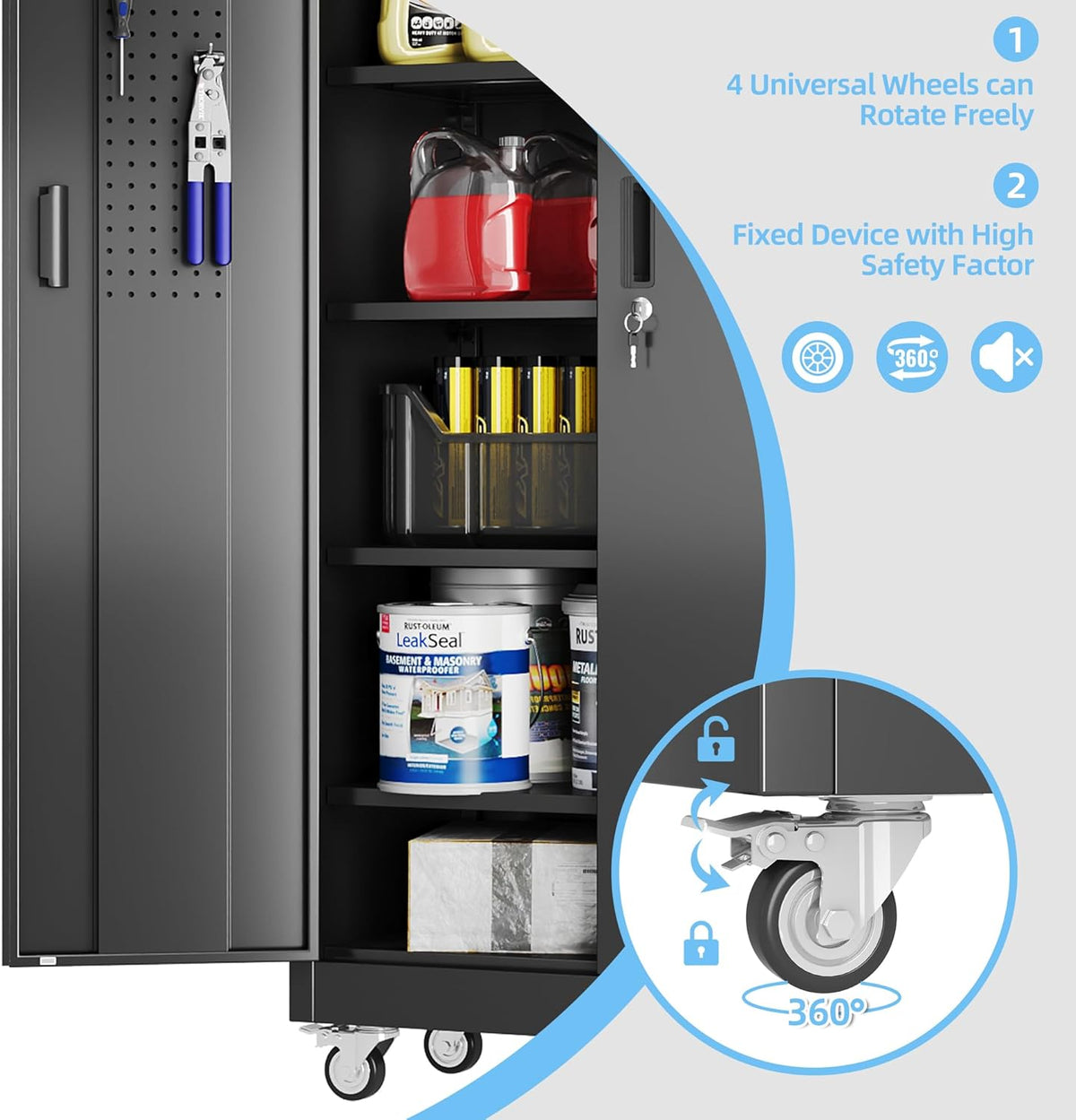 Metal Garage Storage Cabinet with Wheels & Pegboard, Lockable Metal Storage Cabinets with 2 Doors&5 Adjustable Shelves for Garage&Home,Assembly Required,Black 71''H x32''W x16''D