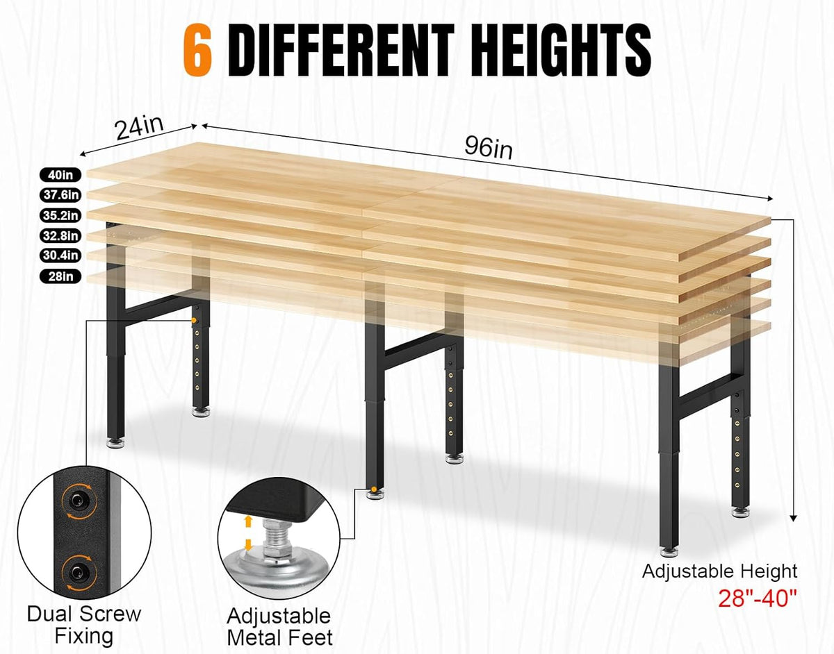 96”Adjustable Work Bench, 5000 LBS Capacity Heavy Duty Workbench with Power Outlet & Pegboard, Rubber Wood Work Table for Garage, Workshop, Office, Home