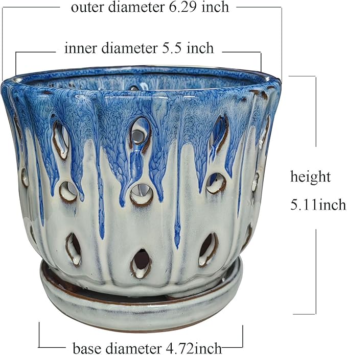 Ceramic Orchid Pot with Drainage Hole 6'' Orchid Planter (Blue Cover White)