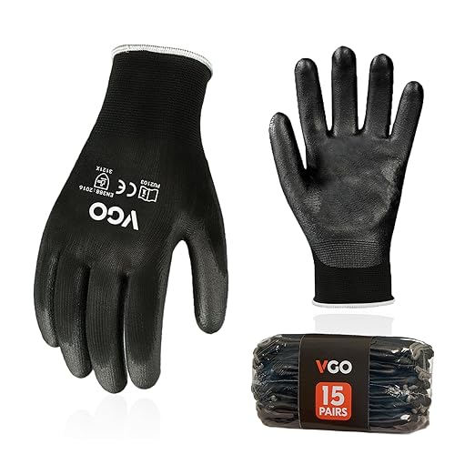 Vgo... 15-Pairs Safety Work Gloves, Gardening Gloves, Polyurethane Coated, Dipping Gloves, Latex Free (Size S, Black, PU2103)