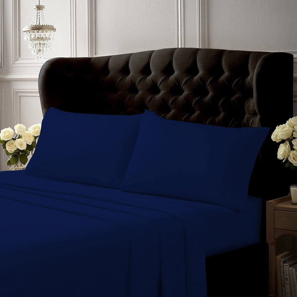 Tribeca Living Queen Cotton Percale Deep Pocket Sheet Set, Midnight Blue