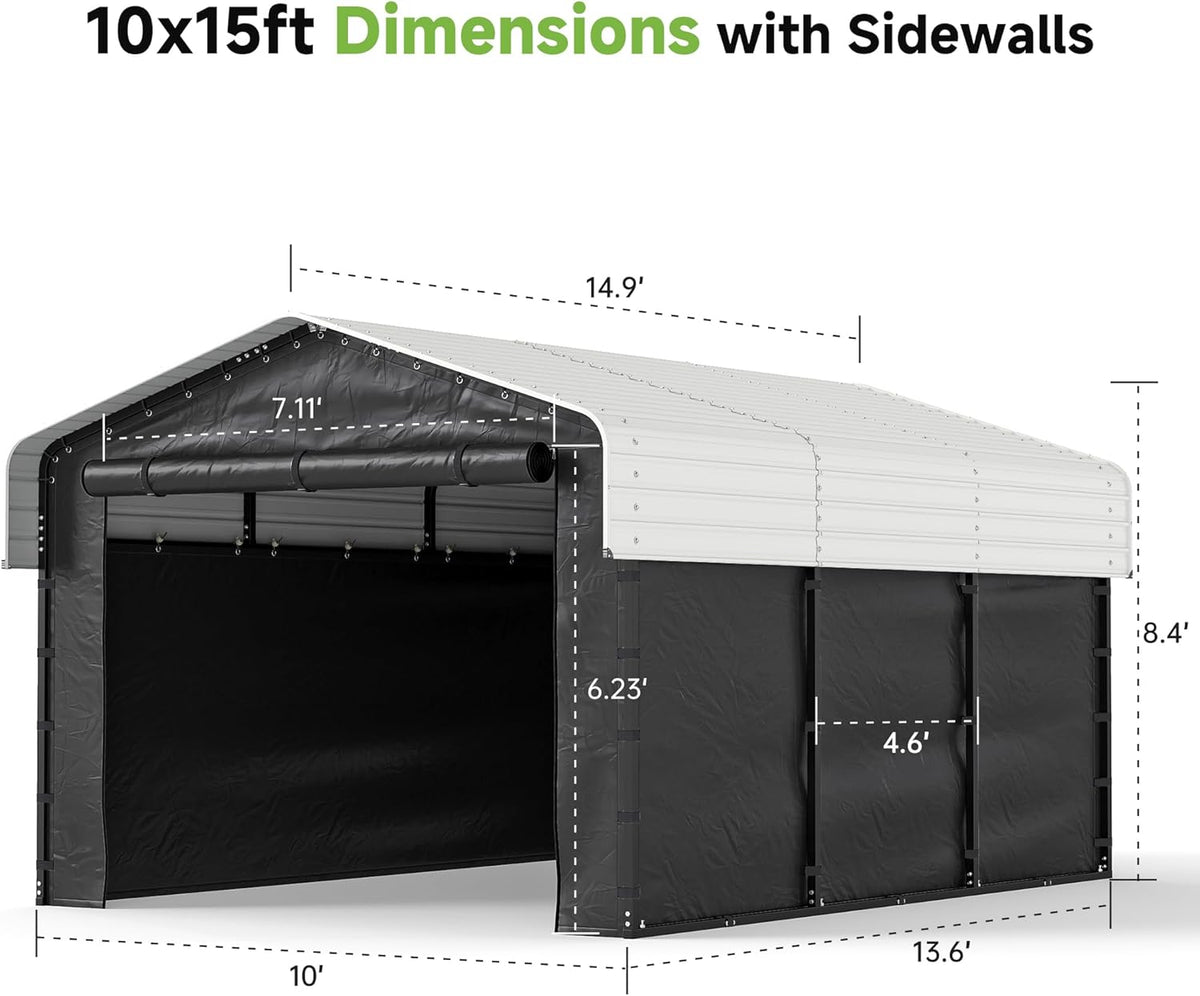 Real Relax 10×15FT Heavy Duty Carport with Removable Sidewalls, Metal Car Port Multi-Use Outdoor Storage Trucks, Cars, Boats, Galvanized Metal Roof, Cream White