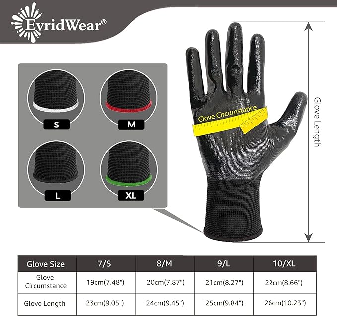 Evridwear Work Gloves with Grip Rubber Coated for Men Women Warehouse Mechanic,12 Pairs Bulk