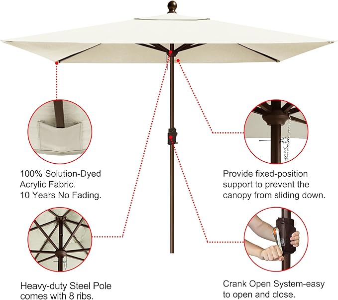 EliteShade USA 10-Year-Non-Fading 6.5x10Ft Rectangular Market Umbrella Patio Umbrella Outdoor Table Umbrella with Ventilation, Natural