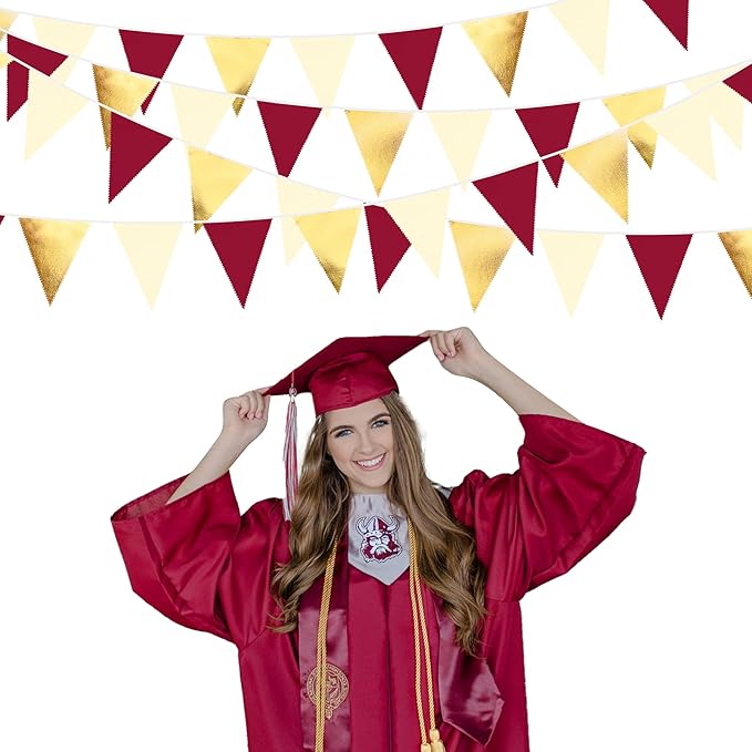 Burgundy Party Decorations Gold Maroon Beige Fabric Triangle Pennant Banner Garnet Flag Bunting Garland for Graduation Wedding Birthday Bridal Shower Bachelorette Anniversary Engagement Party Supplies