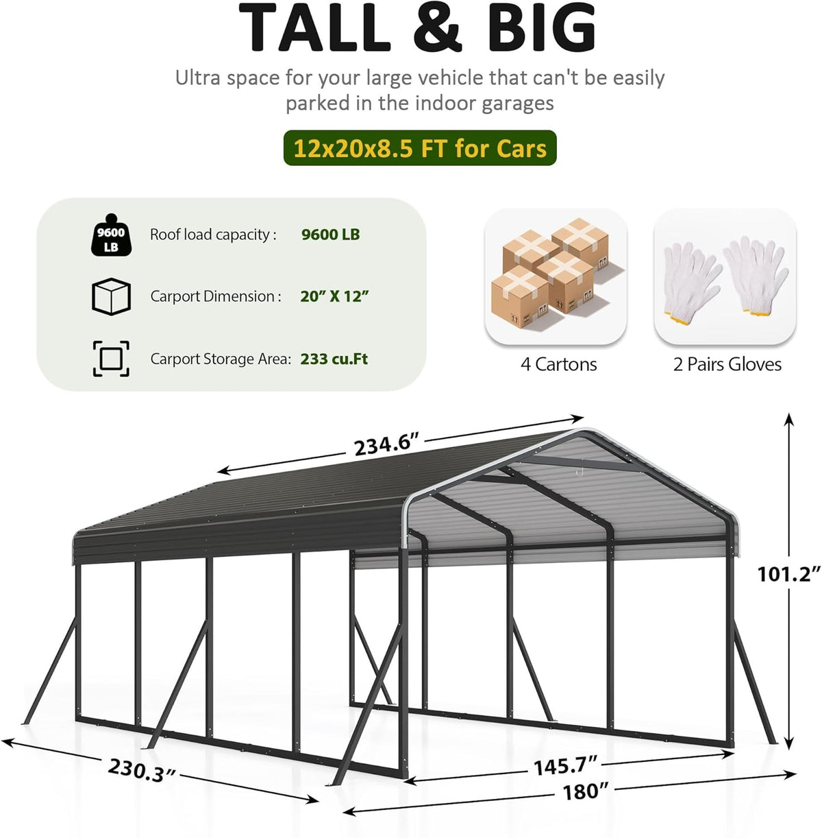 Carport 12x20 FT Heavy Duty Carports Canopy with Updated Frame Structure Galvanized Steel Roof and Enhanced Base, Metal Carport Garage for Pickup, Boat, Car and Tractors