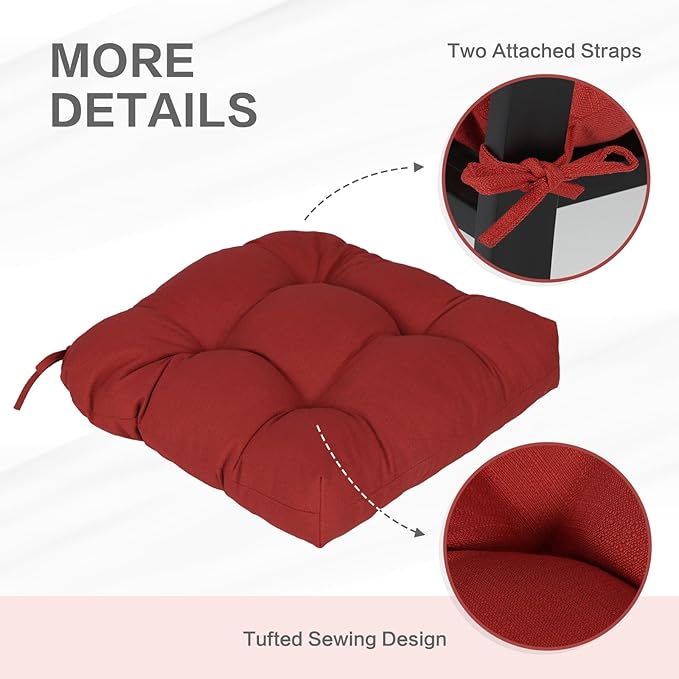 Aoodor 19" x 19" x 5" Tufted Outdoor Chair Cushions, Water Resistant & Fade Resistant Polyester Dining Chair Pads with 2 Straps for Patio Furniture, Set of 4