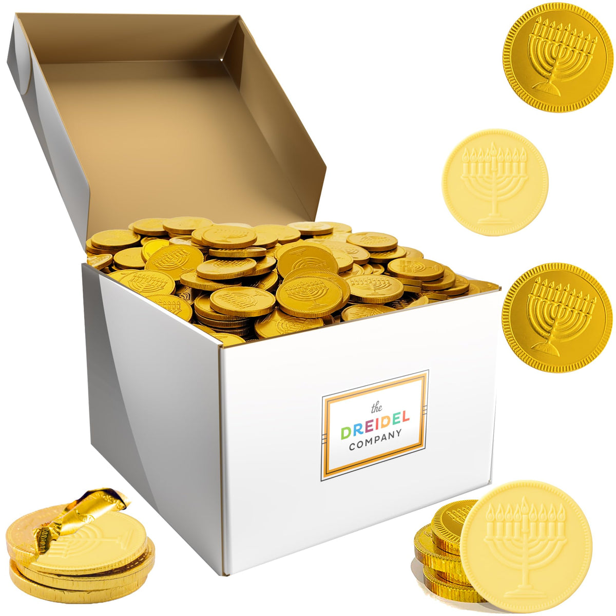 The Dreidel Company 500-Pack White Milk Chocolate Coins, Hanukkah Menorah Design Gold Foil Coins, Made with Premium Belgian Chocolate, Gluten-Free