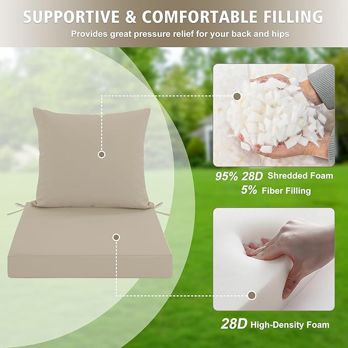 24x24 Inch Outdoor Cushions for Patio Furniture, Waterproof Outdoor Chair Cushions w/Fade-Resistant, Removable & Machine-Washable Covers, Deep Seat Sofa/Couch Pad Replacement – Set of 1/2/4, Cream