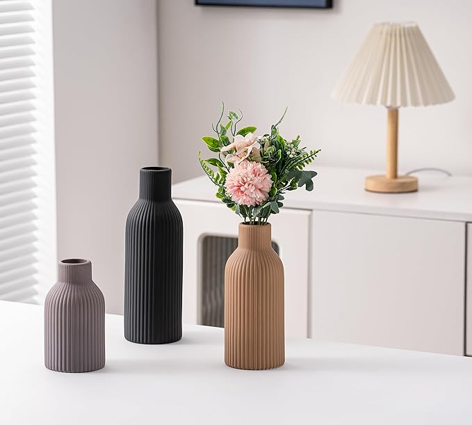 Ceramic Vase Set of 3, Flower Vases for Spring Room Decor, Kitchen Farmhouse, Modern Boho Style(Khaki/Black/Grey)