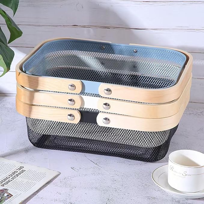 Metal Mesh Steel Basket, Storage Organizer Baskets Garden Harvest Basket Multi-functional Kitchen Fruit Baskets Bin with Wooden Handle for Bathroom Picnic Shopping Decor Cabinet Home, Blue