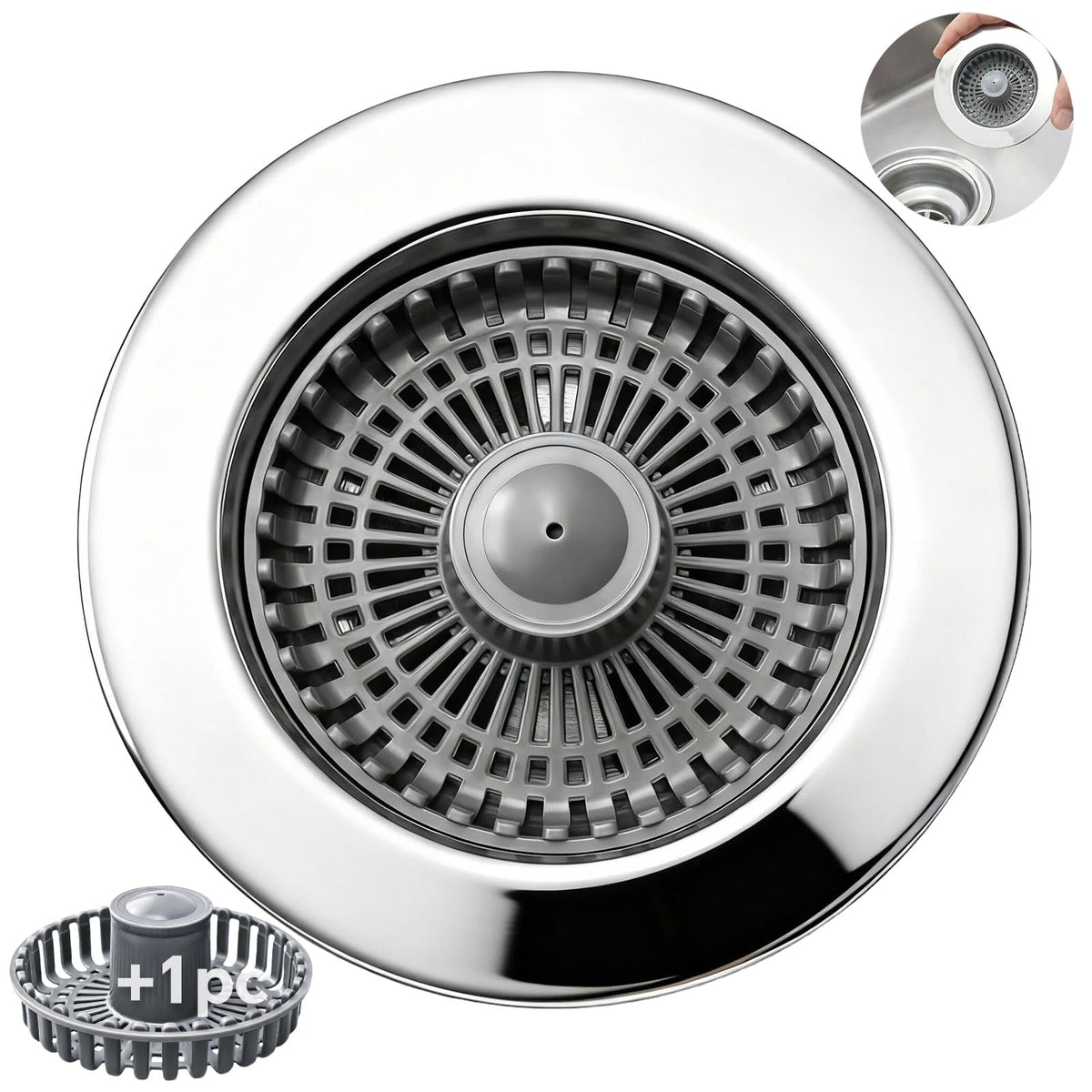 Blazeavian Solid Brass Body 3-in-1 Kitchen Sink Drain Strainer & Stopper, Heavy Duty Pop Up Plug Assembly with 2 Baskets, Anti-Clog Replacement for US Standard 3-1/2 Inch Drains, Rust-Proof Silver