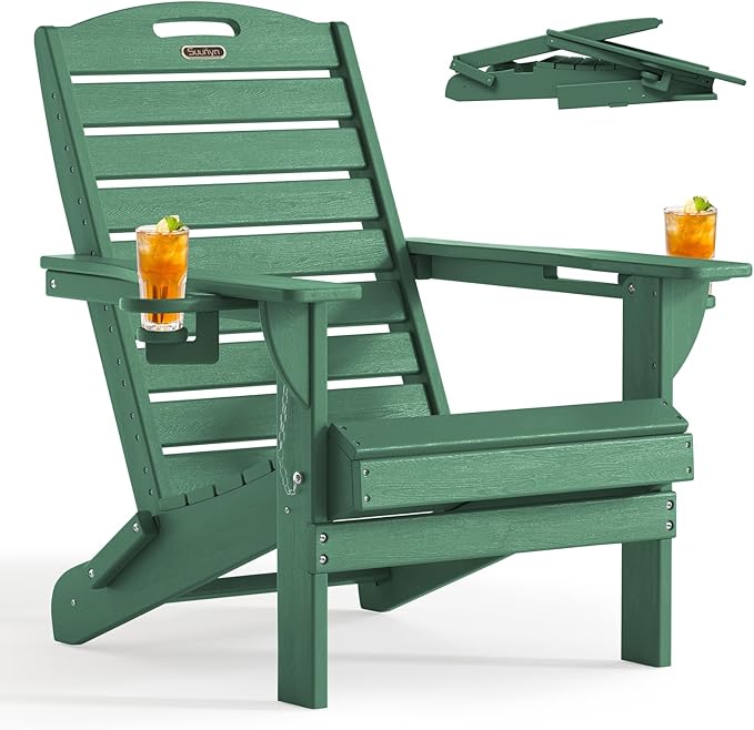 Folding Adirondack Chair HDPE All-Weather Adirondack Chairs with Cup Holder, Outdoor Fire Pit Chairs Lawn Chair for Deck Patio Garden (Green)