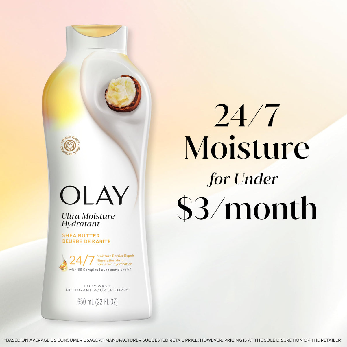 Olay Body Wash for Women, Ultra Moisture, 24hr Moisturizing, Hydrating & Refreshing, B3 Vitamin Complex, Free of Parabens & Phthalates, for All Skin Types, Shea Butter Scent, 22 fl oz (Pack of 4)