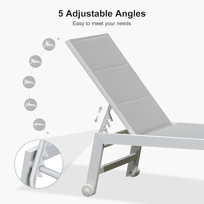 PURPLE LEAF Outdoor Chaise Lounge Set Oversize Adjustable Sunbathing Recliner Extra Wide Lounge Chairs with Side Table for Poolside Beach Outside Patio Aluminum Chaise Lounger Cream