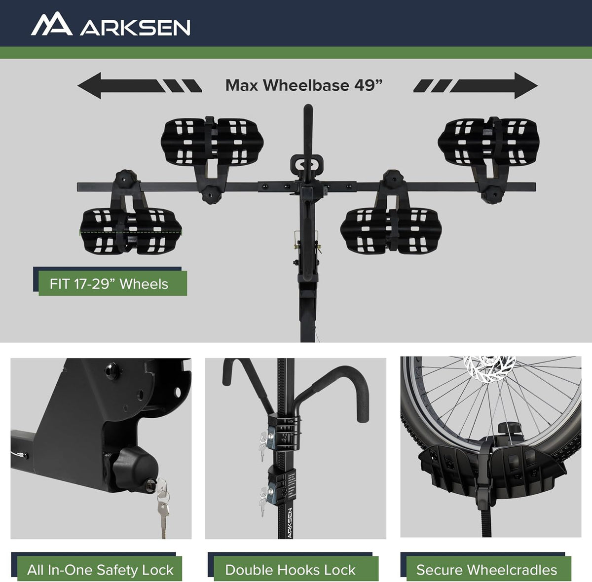Arksen Electric Bike Rack Hitch, Foldable Quick Release Smart Tilting 2 Ebike Rack Platform Style Carrier w/Car Lock for Up to 5.5" Fat Tires for Car, SUV, Trucks - 170 lbs Heavy Weight Capacity