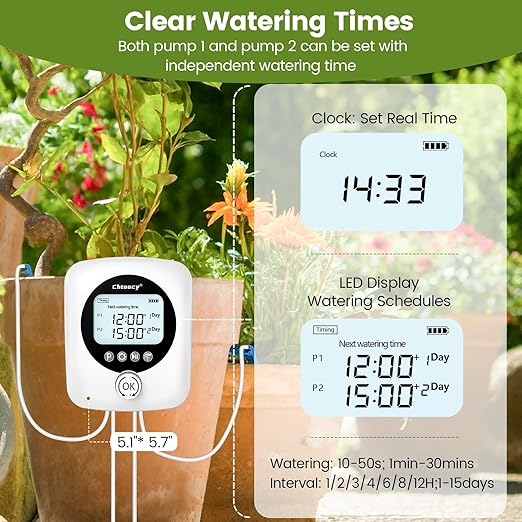 98FT Automatic Plant Waterer Indoor - Chtoocy Dual Pumps Independent Automatic Watering System for 30 Potted Plants, Drip Irrigation System Vacation Plant Watering Device with Programmable Water Timer