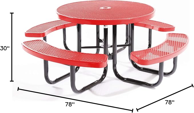 Coated Outdoor Furniture Heavy-Duty Portable Outdoor Picnic Table with Umbrella Hole, Expanded Metal Commercial-Grade Patio Dining Furniture Made in America (46" Round Top, Red)