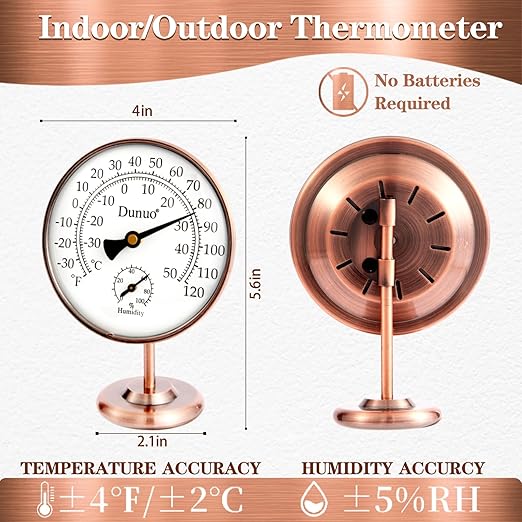 4-inch Outdoor Thermometer Hygrometer, Indoor Humidity Meter, Temperature Monitor Gauge for Home, Room, Office, Patio, House, Greenhouse, Antique Copper,Tabletop Decor.